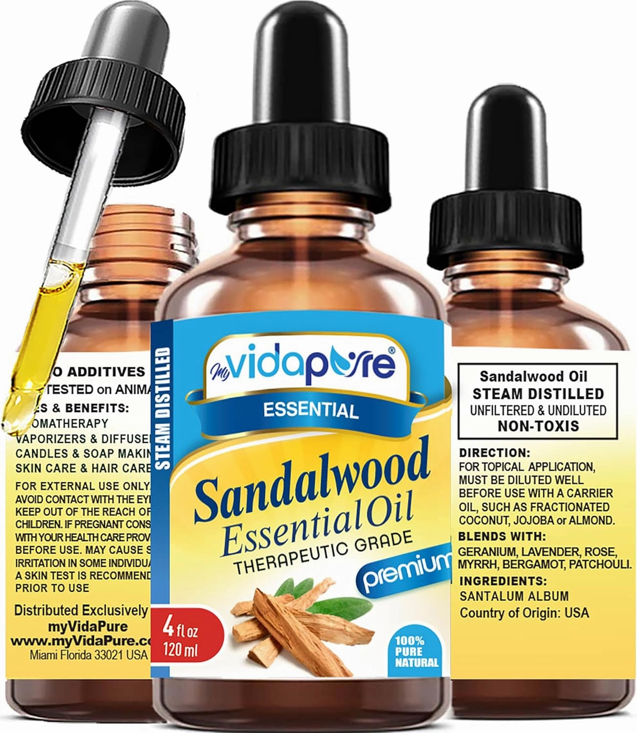 myVidaPure Sandalwood Essential Oil 100% Pure Natural Undiluted Therapeutic Grade Essential Oil 4 fl oz- 120 ml for Aromatherapy, Soaps, Candles, Reed Diffusers, Beauty, Hair, Skin