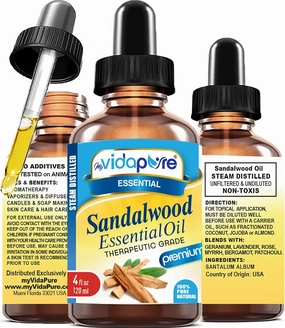 myVidaPure Sandalwood Essential Oil 100% Pure Natural Undiluted Therapeutic Grade Essential Oil 4 fl oz- 120 ml for Aromatherapy, Soaps, Candles, Reed Diffusers, Beauty, Hair, Skin