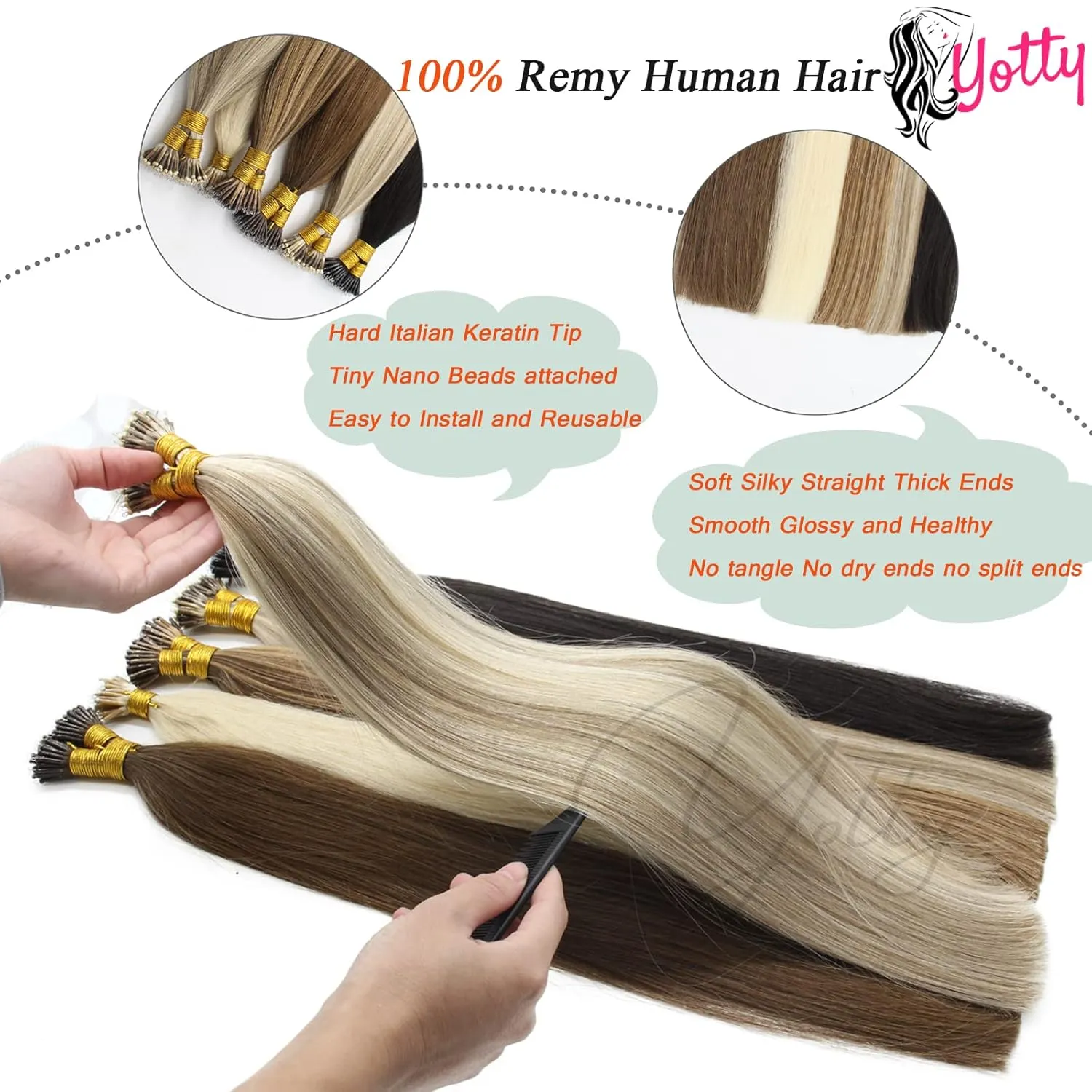 Nano Ring Hair Extensions Human Hair Keratin Cold Fusion Nano Tip Micro Beads Link Thick Hair Balayage Highlight Ombre Real Remy Hair 1g/s (18inch50gr50s, 99J-Dark Wine Red)