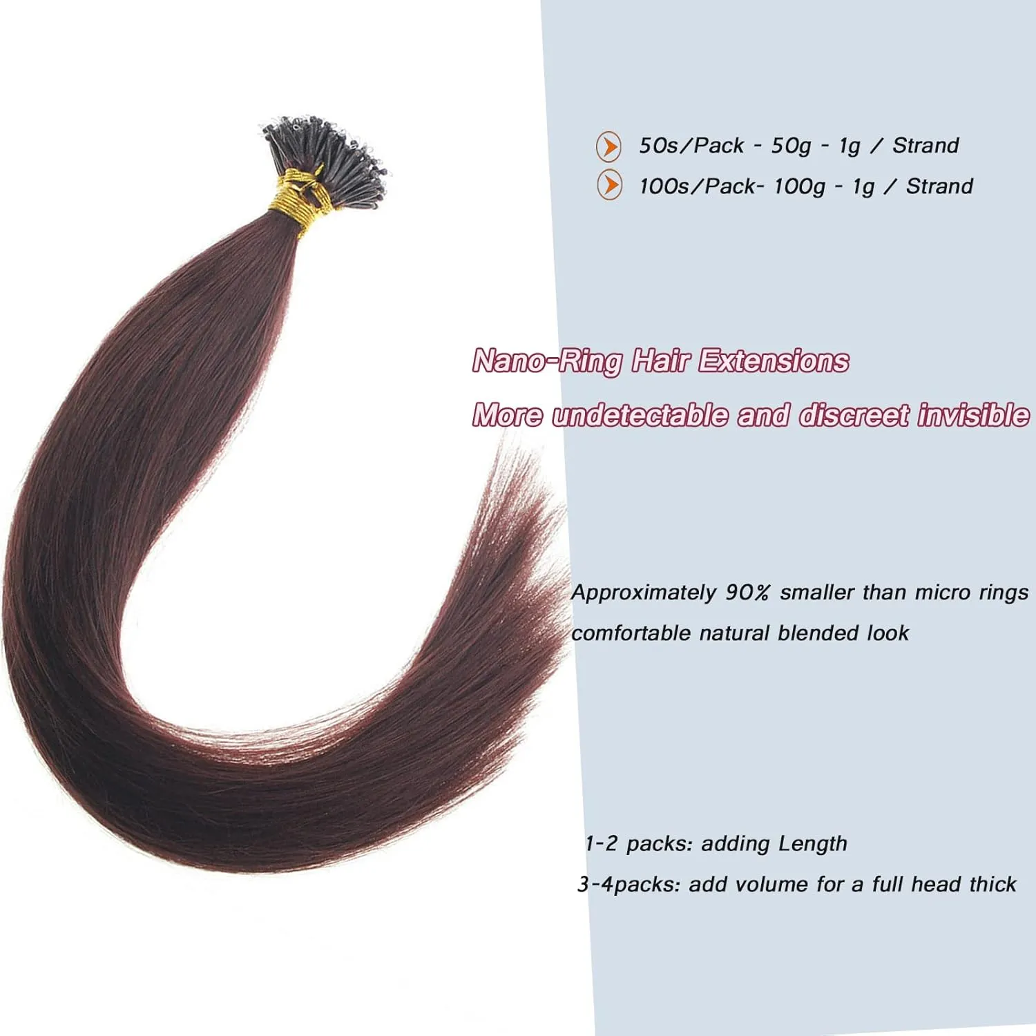 Nano Ring Hair Extensions Human Hair Keratin Cold Fusion Nano Tip Micro Beads Link Thick Hair Balayage Highlight Ombre Real Remy Hair 1g/s (18inch50gr50s, 99J-Dark Wine Red)