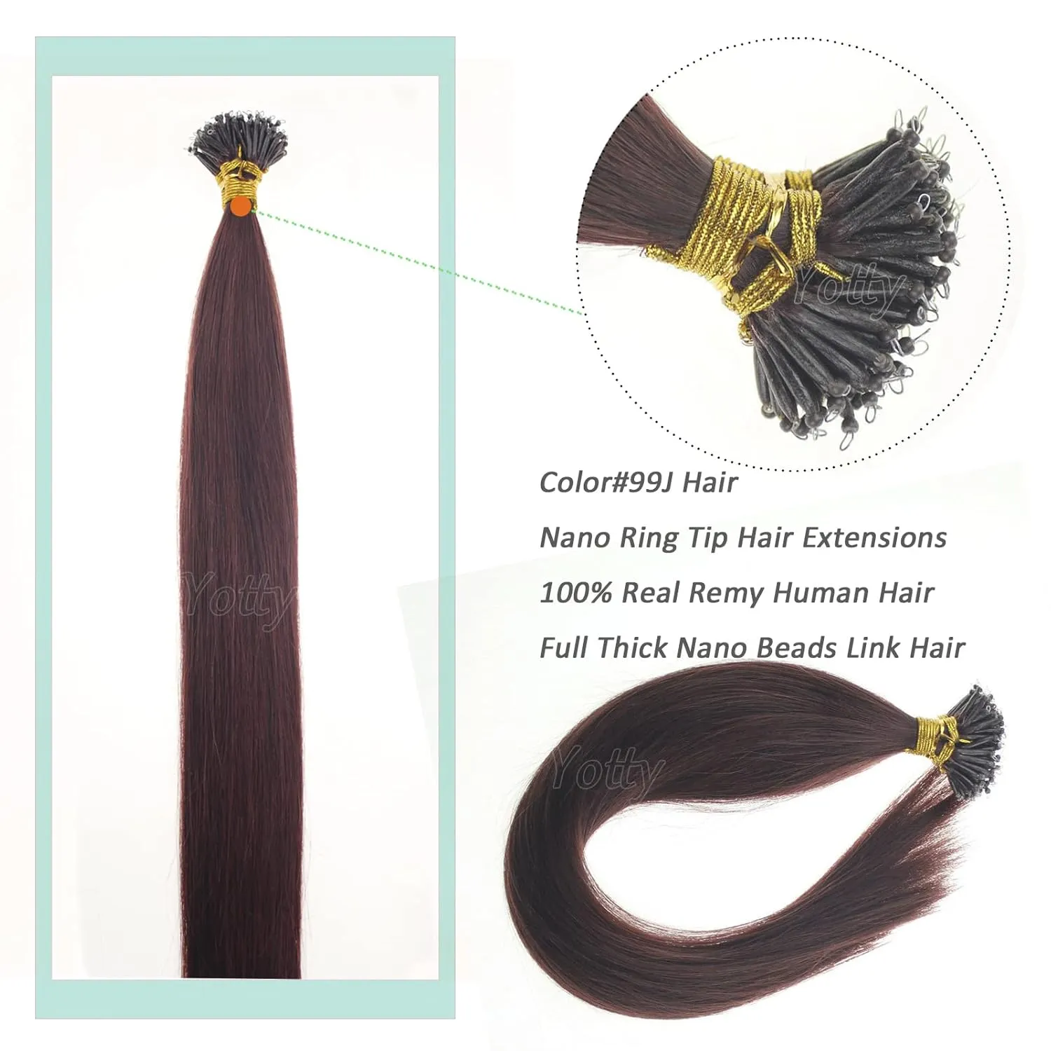 Nano Ring Hair Extensions Human Hair Keratin Cold Fusion Nano Tip Micro Beads Link Thick Hair Balayage Highlight Ombre Real Remy Hair 1g/s (18inch50gr50s, 99J-Dark Wine Red)