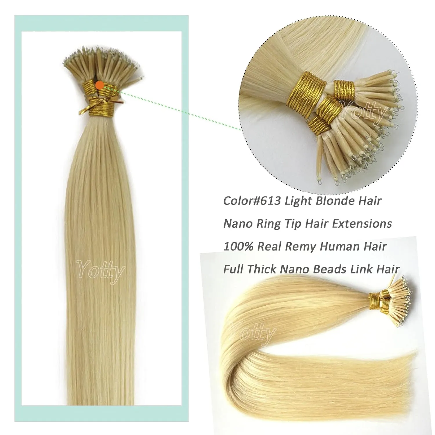 Nano Ring Hair Extensions Human Hair Keratin Cold Fusion Nano Tip Micro Nano Beads Link Thick Hair Balayage Highlight Ombre Real Remy Hair 1g/s (18inch50gr50s, 613 Light Blonde)