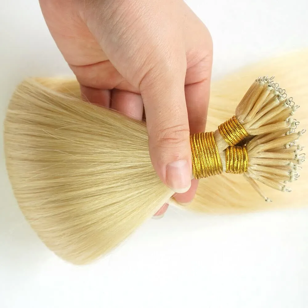 Nano Ring Hair Extensions Human Hair Keratin Cold Fusion Nano Tip Micro Nano Beads Link Thick Hair Balayage Highlight Ombre Real Remy Hair 1g/s (18inch50gr50s, 613 Light Blonde)