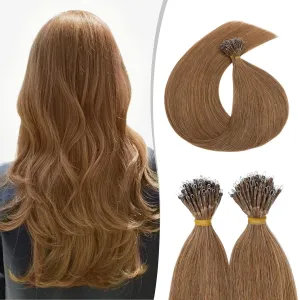 Nano Ring Human Hair Extensions Pre Bonded Keratin Fusion Stick Tip Iron Loop Link 50 strands 75g Straight Micro Bead Remy Hairpiece for Women Highlighted 18inch Light Auburn #30