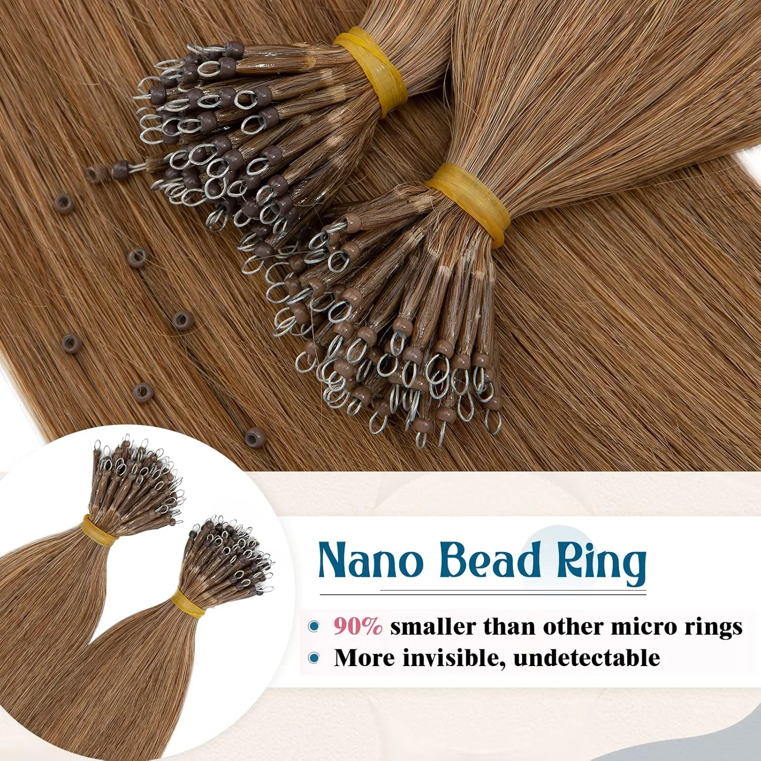 Nano Ring Human Hair Extensions Pre Bonded Keratin Fusion Stick Tip Iron Loop Link 50 strands 75g Straight Micro Bead Remy Hairpiece for Women Highlighted 18inch Light Auburn #30