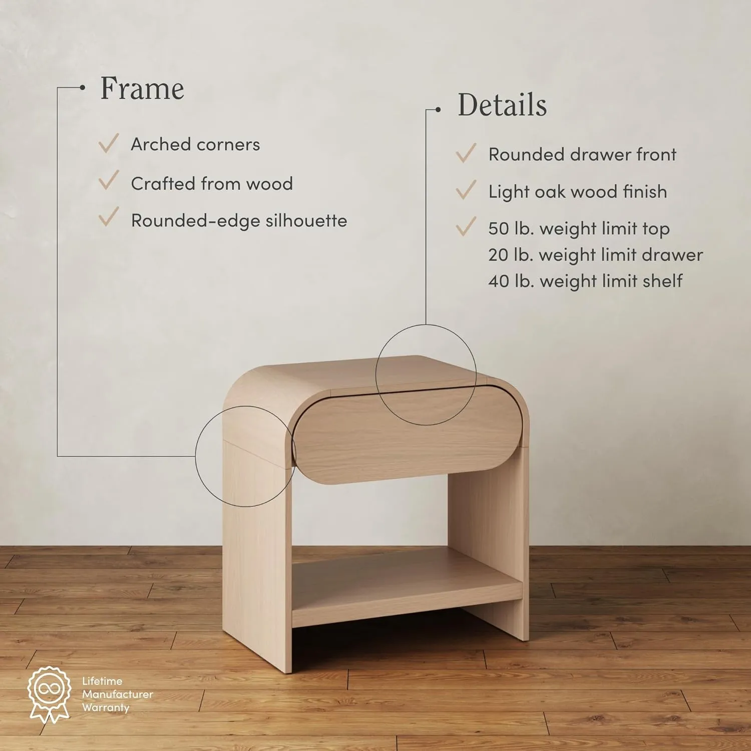 Nathan Jamea Iris Mid-Century Modern Nightstand with Drawer, End Table with Storage for Bedroom or Living Room with Rounded Silhouette, Light Oak