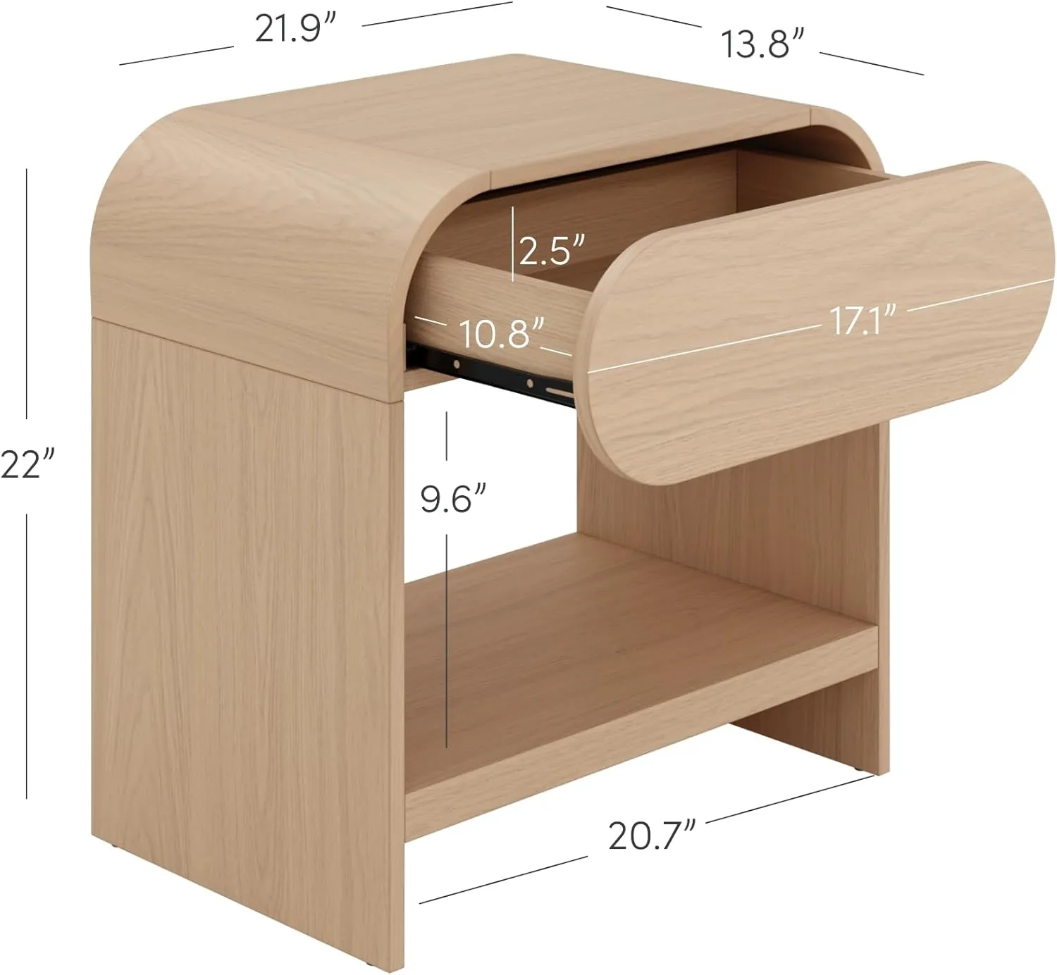 Nathan Jamea Iris Mid-Century Modern Nightstand with Drawer, End Table with Storage for Bedroom or Living Room with Rounded Silhouette, Light Oak