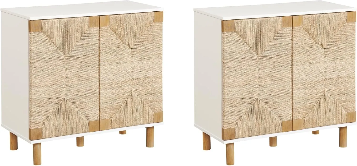 Nathan James Beacon Accent Natural Sideboard Storage Cabinet TV Stand with Adjustable Interior Shelf and Seagrass Doors, for Hallway, Entryway or Dining Room, Light Brown/White, Set of 2