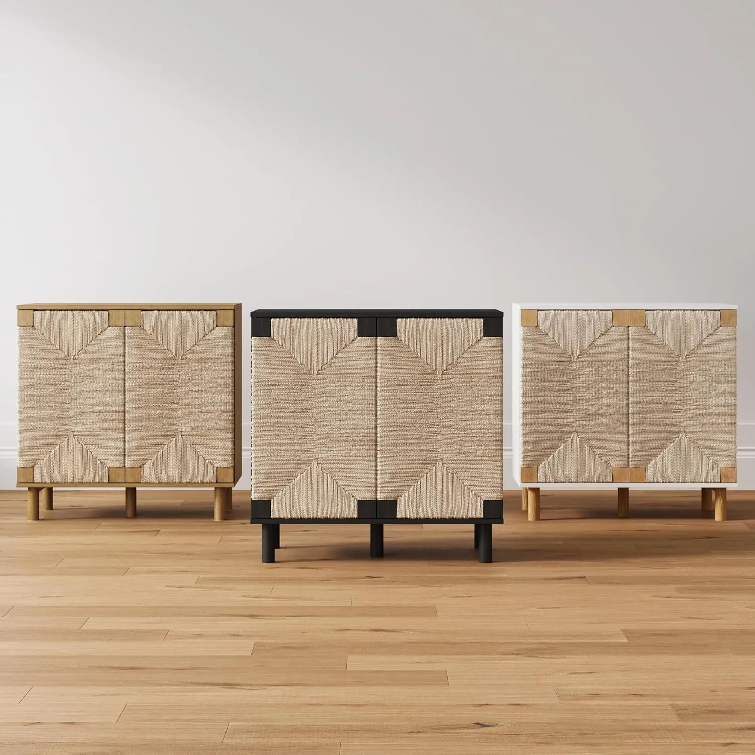 Nathan James Beacon Accent Natural Sideboard Storage Cabinet TV Stand with Adjustable Interior Shelf and Seagrass Doors, for Hallway, Entryway or Dining Room, Light Brown/White, Set of 2