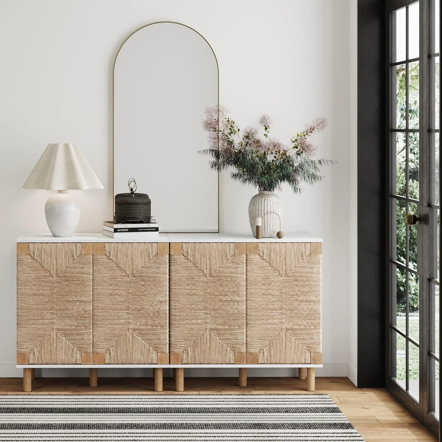 Nathan James Beacon Accent Natural Sideboard Storage Cabinet TV Stand with Adjustable Interior Shelf and Seagrass Doors, for Hallway, Entryway or Dining Room, Light Brown/White, Set of 2