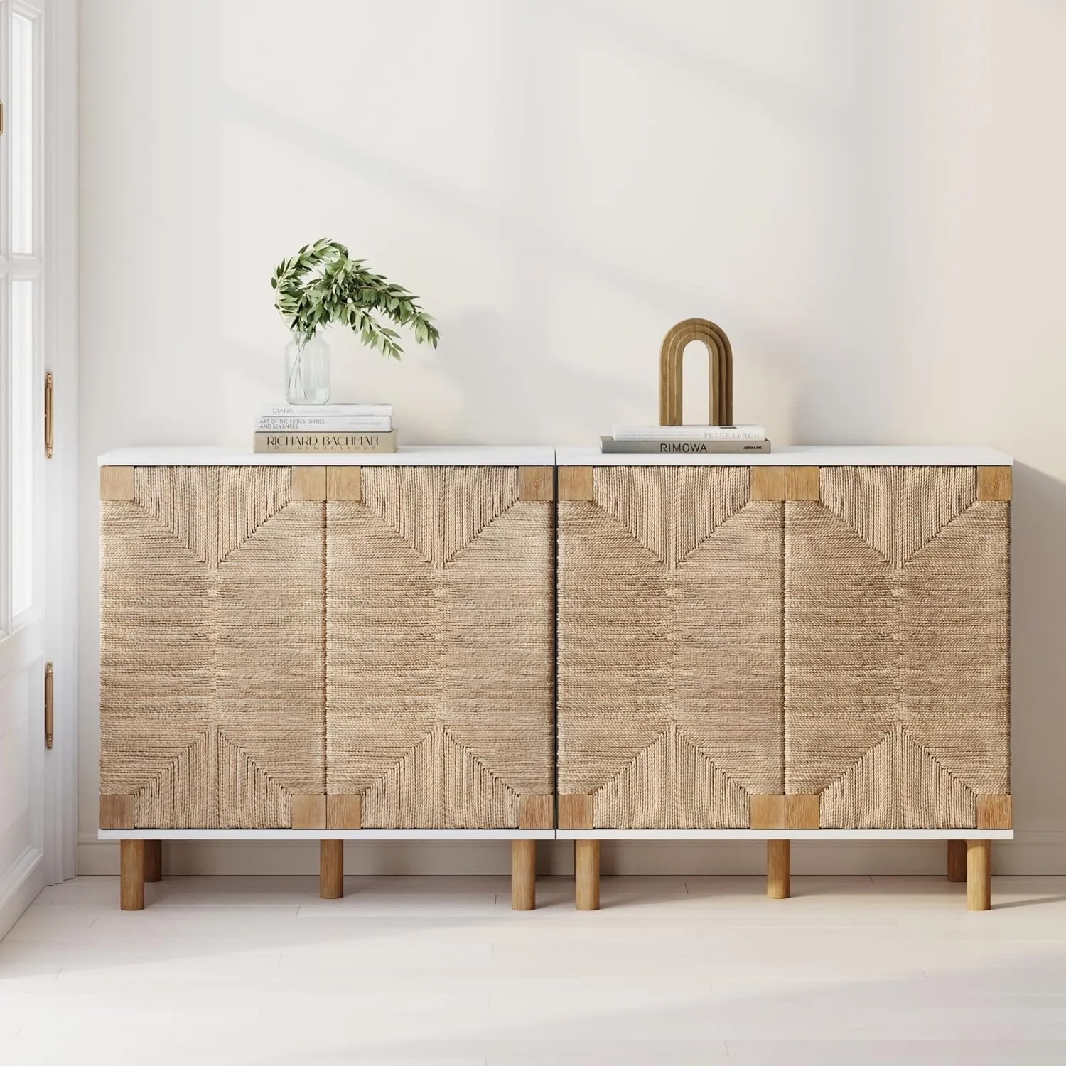 Nathan James Beacon Accent Natural Sideboard Storage Cabinet TV Stand with Adjustable Interior Shelf and Seagrass Doors, for Hallway, Entryway or Dining Room, Light Brown/White, Set of 2
