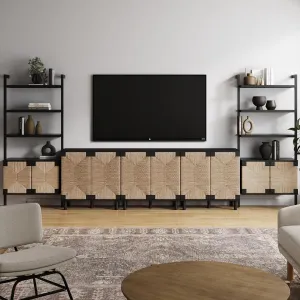 Nathan James Beacon Bohemian TV Stand, TV Wall Unit with Shelves and Accent Storage Cabinet with Solid Wood Legs and Seagrass Door Fronts, Brushed Black