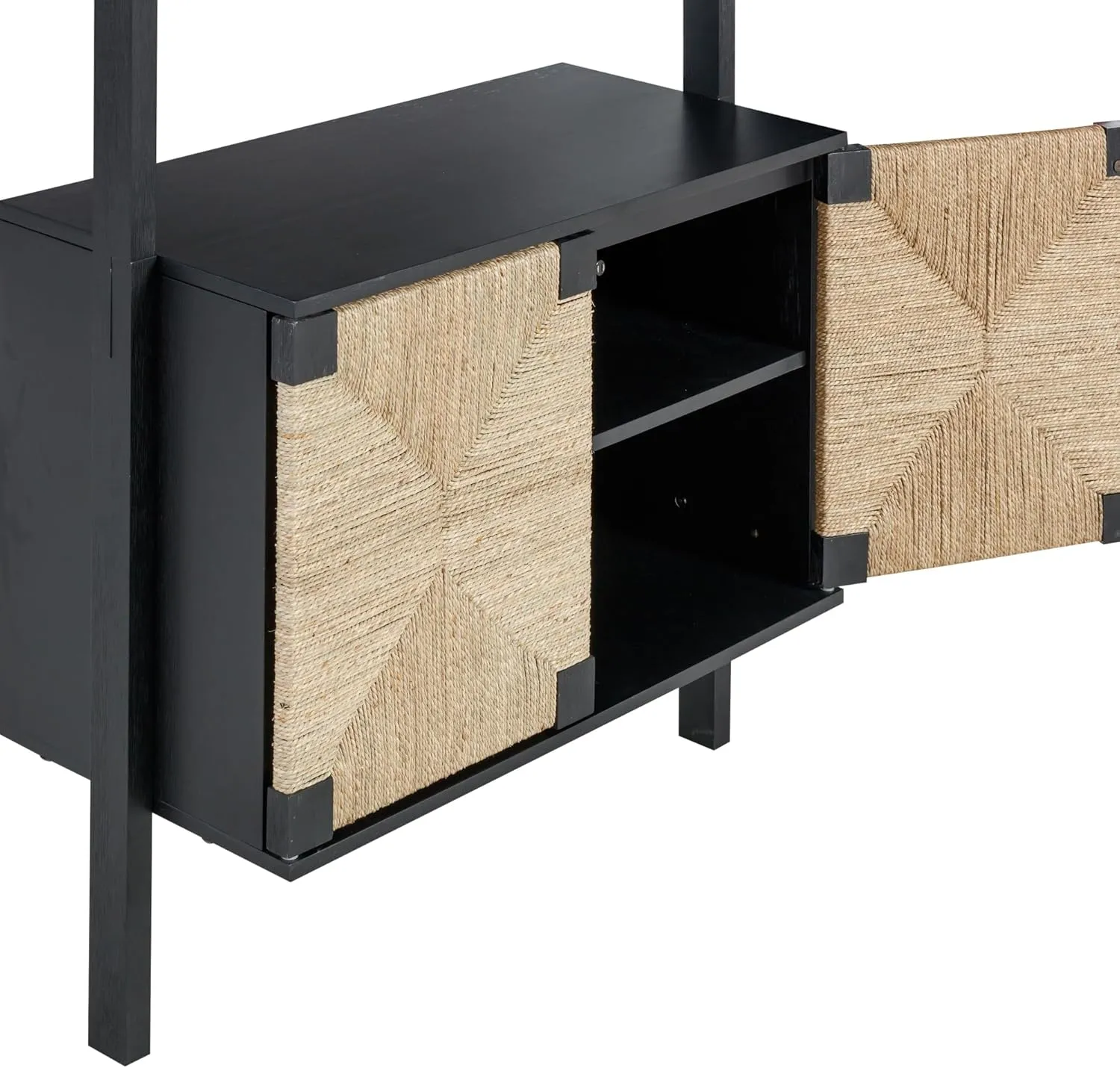 Nathan James Beacon Bohemian TV Stand, TV Wall Unit with Shelves and Accent Storage Cabinet with Solid Wood Legs and Seagrass Door Fronts, Brushed Black
