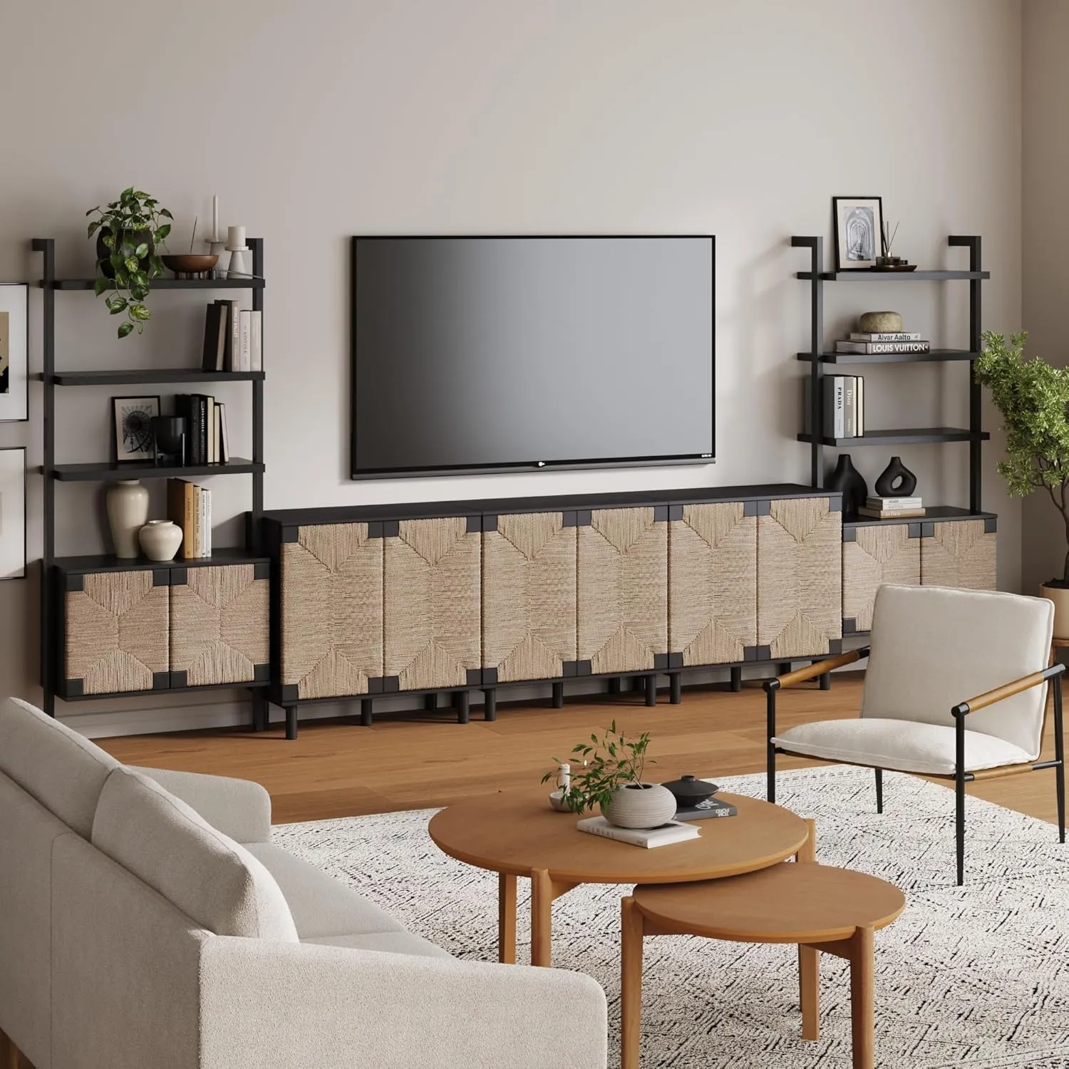 Nathan James Beacon Bohemian TV Stand, TV Wall Unit with Shelves and Accent Storage Cabinet with Solid Wood Legs and Seagrass Door Fronts, Brushed Black