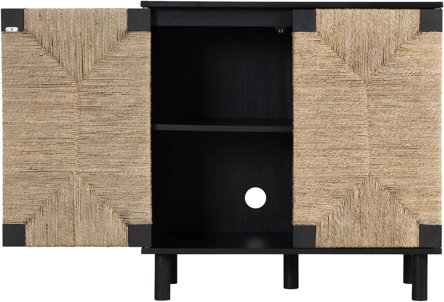 Nathan James Beacon Bohemian TV Stand, TV Wall Unit with Shelves and Accent Storage Cabinet with Solid Wood Legs and Seagrass Door Fronts, Brushed Black