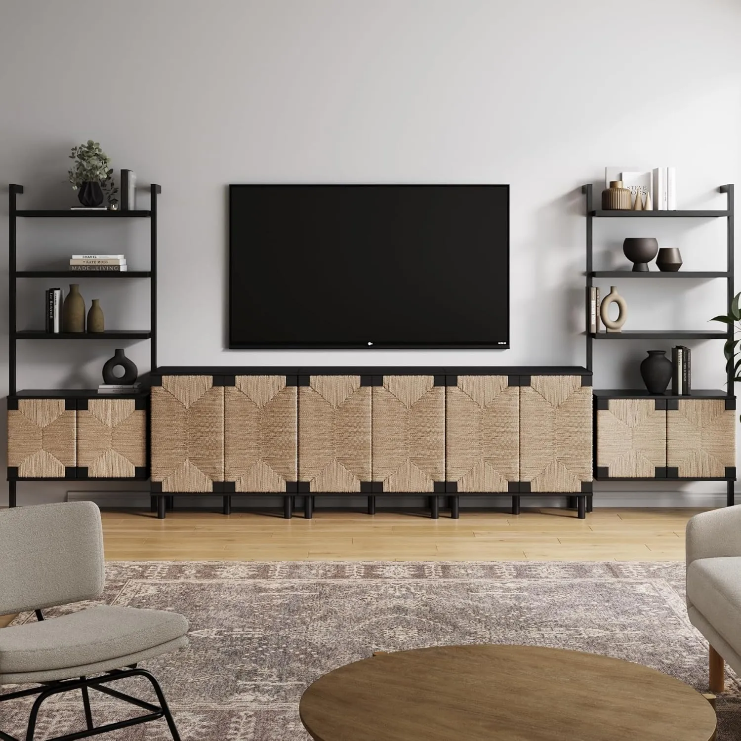 Nathan James Beacon Bohemian TV Stand, TV Wall Unit with Shelves and Accent Storage Cabinet with Solid Wood Legs and Seagrass Door Fronts, Brushed Black