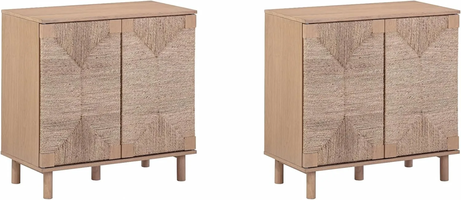 Nathan James Beacon Boho TV Stand, Free Standing Kitchen Cabinet Storage with Adjustable Interior Shelf and Seagrass Accent, Seagrass/Raw Oak, Set of 2