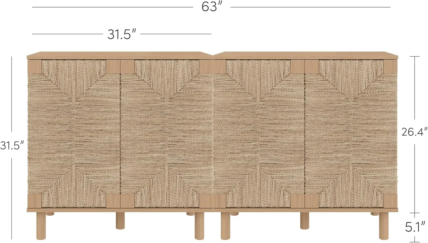 Nathan James Beacon Boho TV Stand, Free Standing Kitchen Cabinet Storage with Adjustable Interior Shelf and Seagrass Accent, Seagrass/Raw Oak, Set of 2