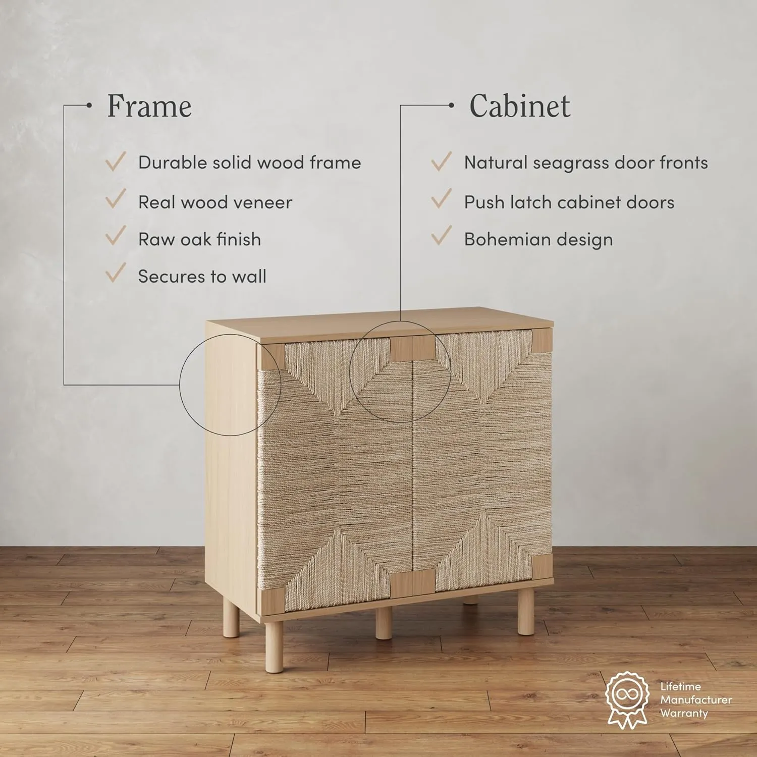 Nathan James Beacon Boho TV Stand, Free Standing Kitchen Cabinet Storage with Adjustable Interior Shelf and Seagrass Accent, Seagrass/Raw Oak, Set of 2