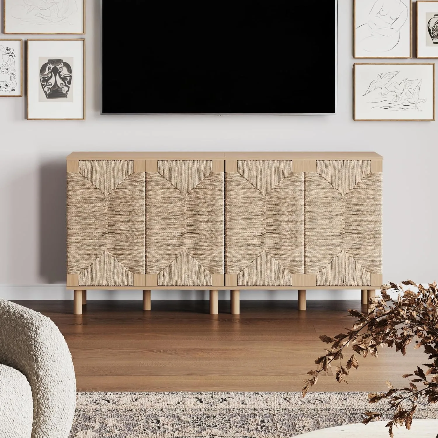 Nathan James Beacon Boho TV Stand, Free Standing Kitchen Cabinet Storage with Adjustable Interior Shelf and Seagrass Accent, Seagrass/Raw Oak, Set of 2