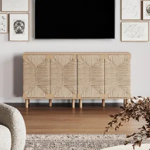 Nathan James Beacon Boho TV Stand, Free Standing Kitchen Cabinet Storage with Adjustable Interior Shelf and Seagrass Accent, Seagrass/Raw Oak, Set of 2