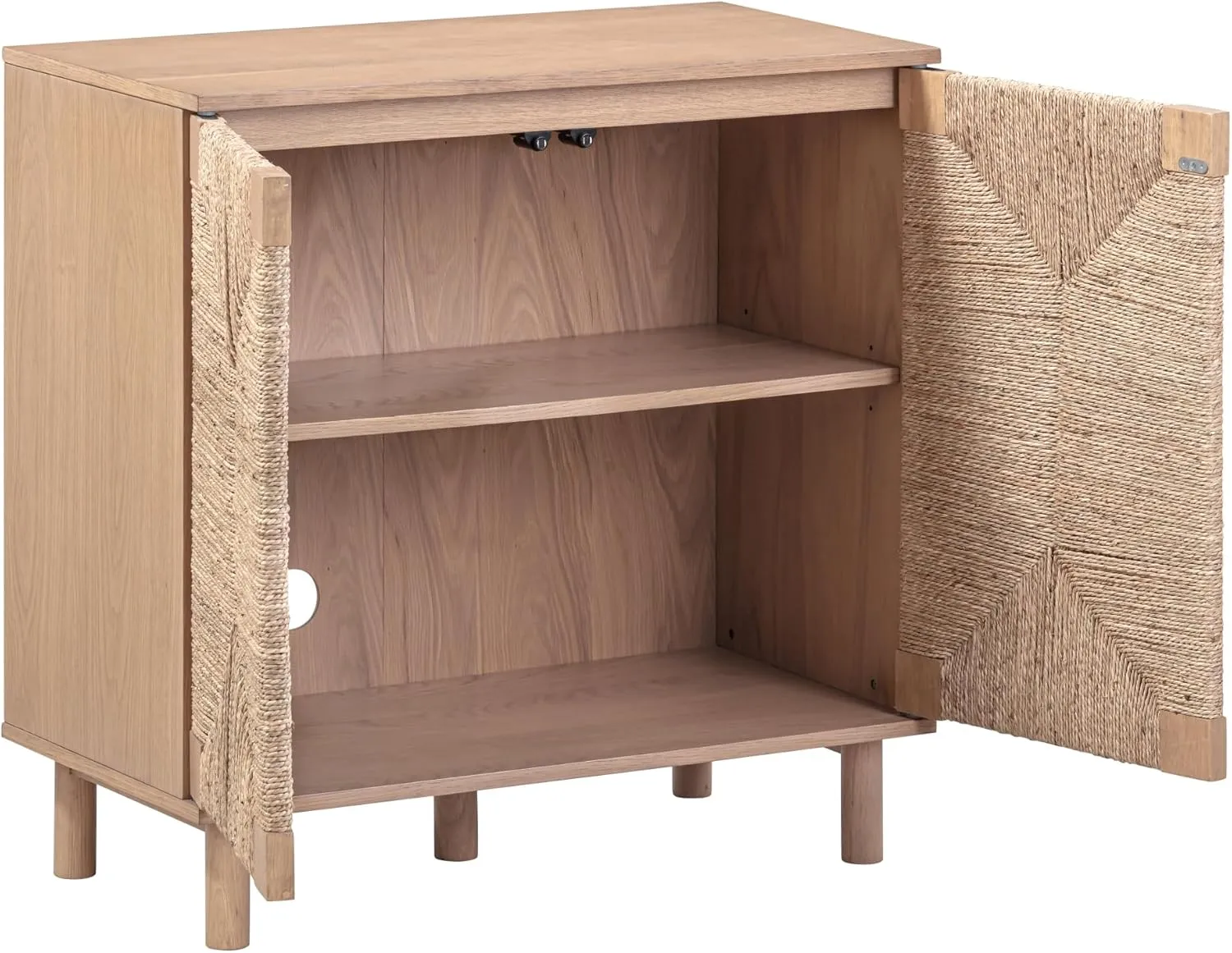 Nathan James Beacon Boho TV Stand, Free Standing Kitchen Cabinet Storage with Adjustable Interior Shelf and Seagrass Accent, Seagrass/Raw Oak, Set of 2
