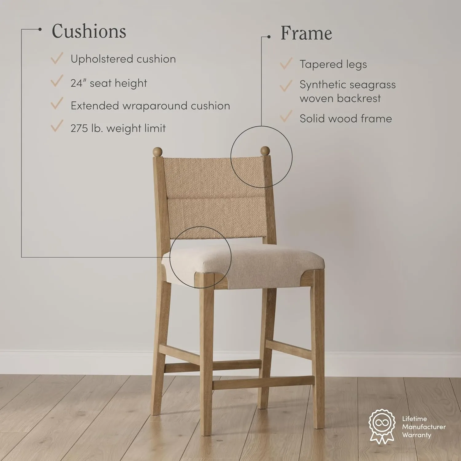Nathan James Cove Seagrass Counter Stool Wood Upholstered Bar Stool with Natural Flax Cushion and Seagrass Backrest, Light Brown