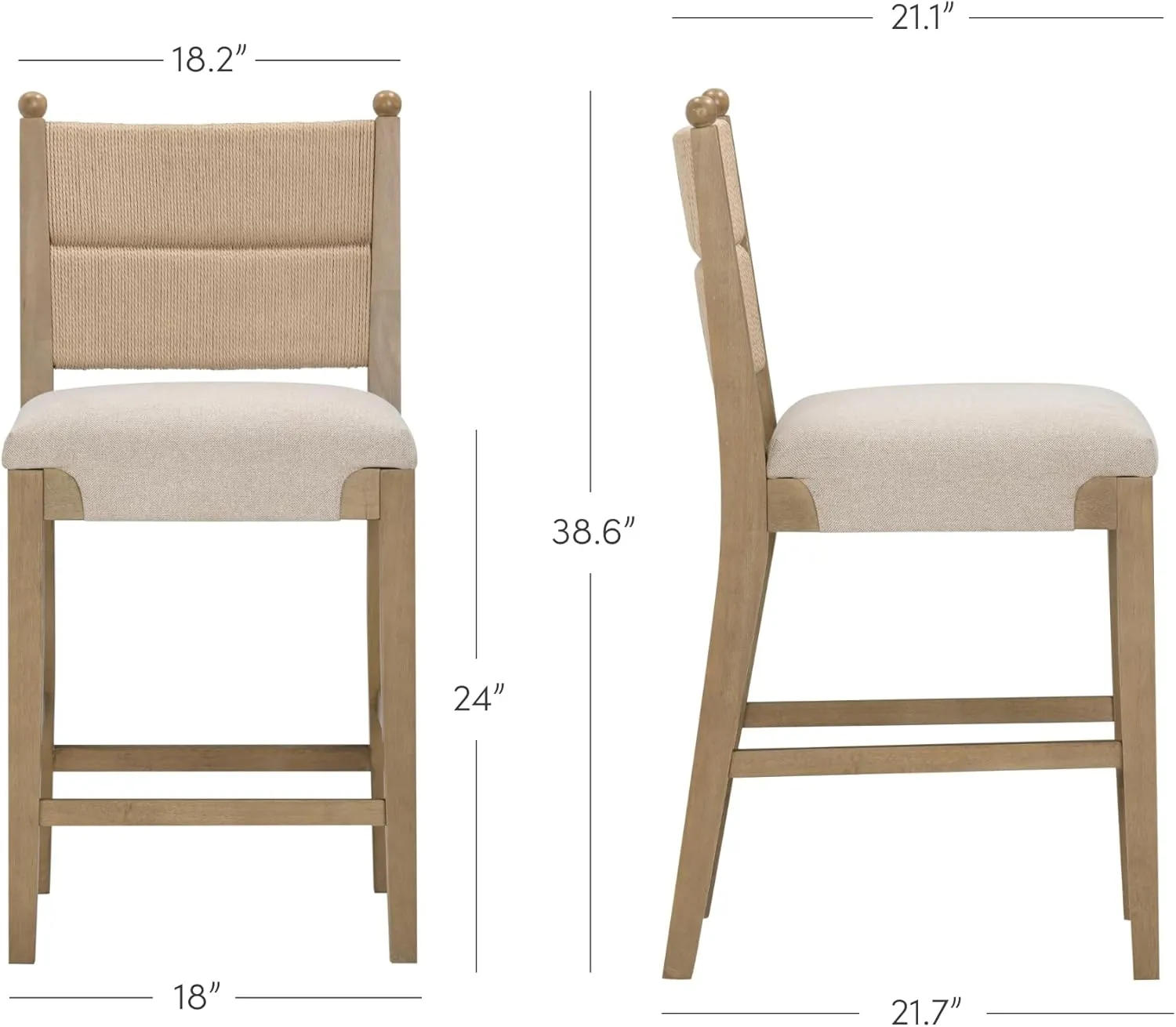 Nathan James Cove Seagrass Counter Stool Wood Upholstered Bar Stool with Natural Flax Cushion and Seagrass Backrest, Light Brown
