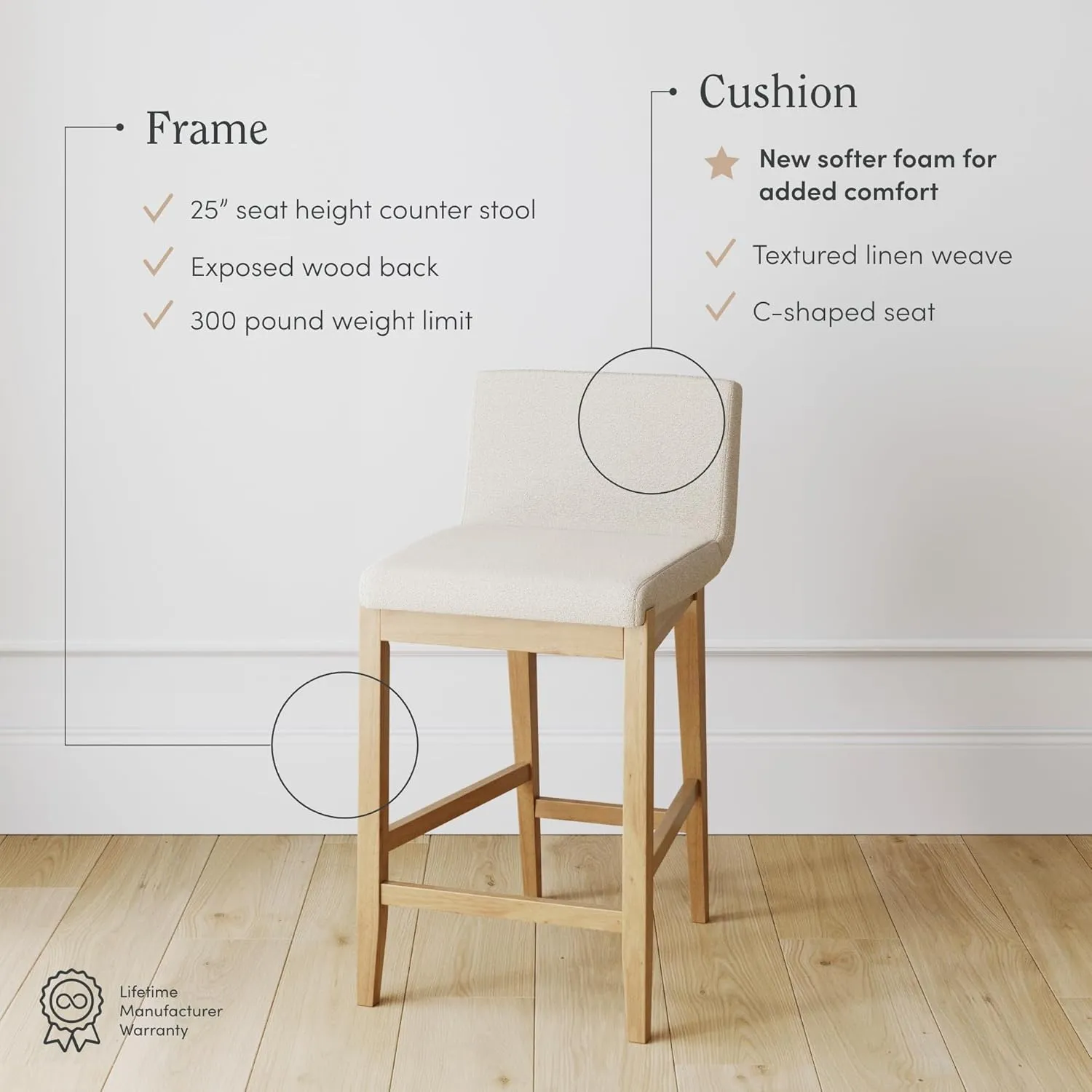 Nathan James Gracie Modern Counter Height Bar Stool with Back, Counter Stool Upholstered Chair with Natural Textured Linen and Brushed Wooden Legs, Cream Boucle/Light Brown