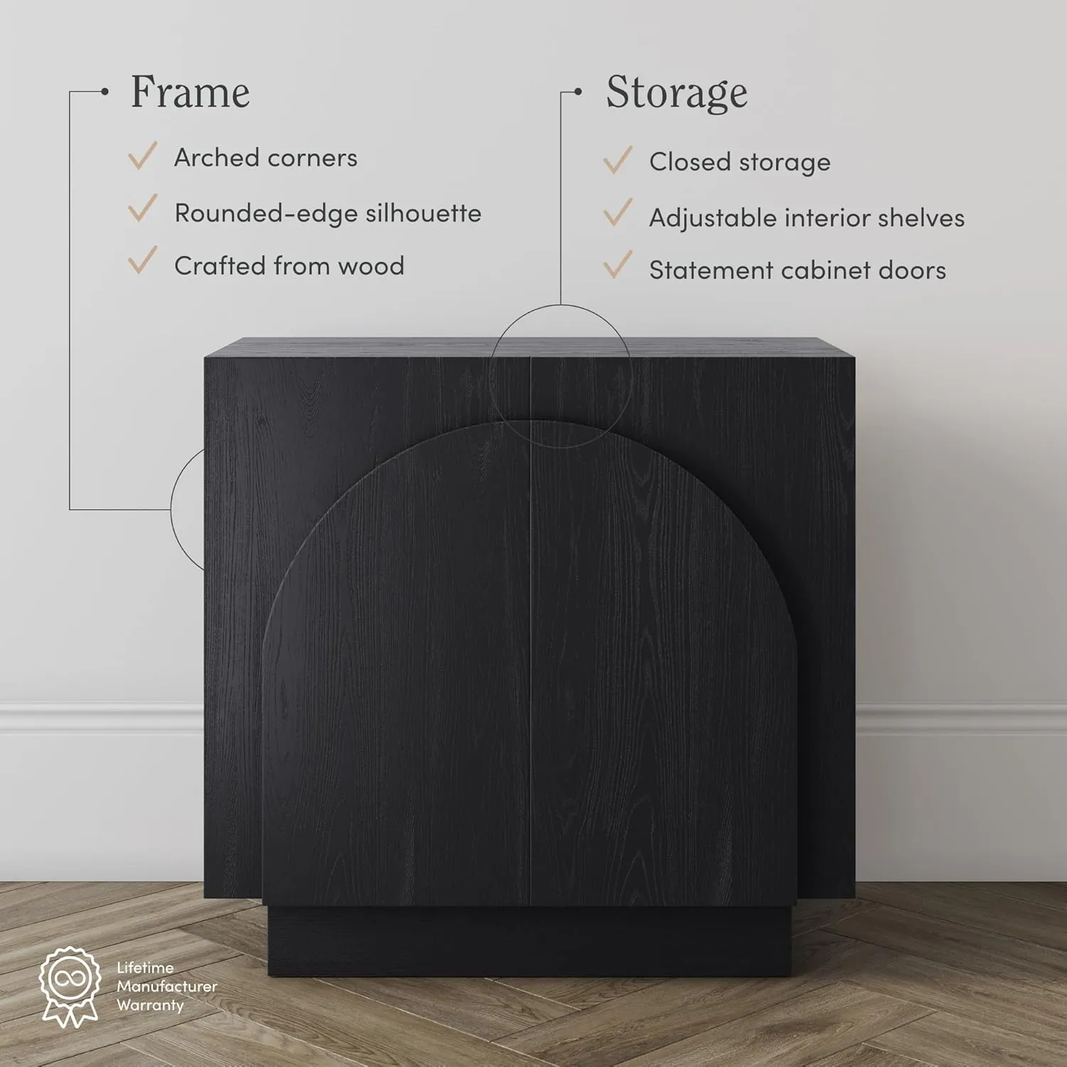 Nathan James Iris Mid-Century Modern Credenza, Black TV Stand, Living Room Wood Storage Cabinet with Arched Cabinet Doors, Black Credenza Cabinet for Kitchen or Living Room, Black Oak, Set of 4