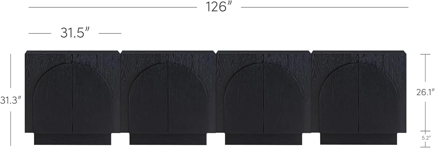Nathan James Iris Mid-Century Modern Credenza, Black TV Stand, Living Room Wood Storage Cabinet with Arched Cabinet Doors, Black Credenza Cabinet for Kitchen or Living Room, Black Oak, Set of 4