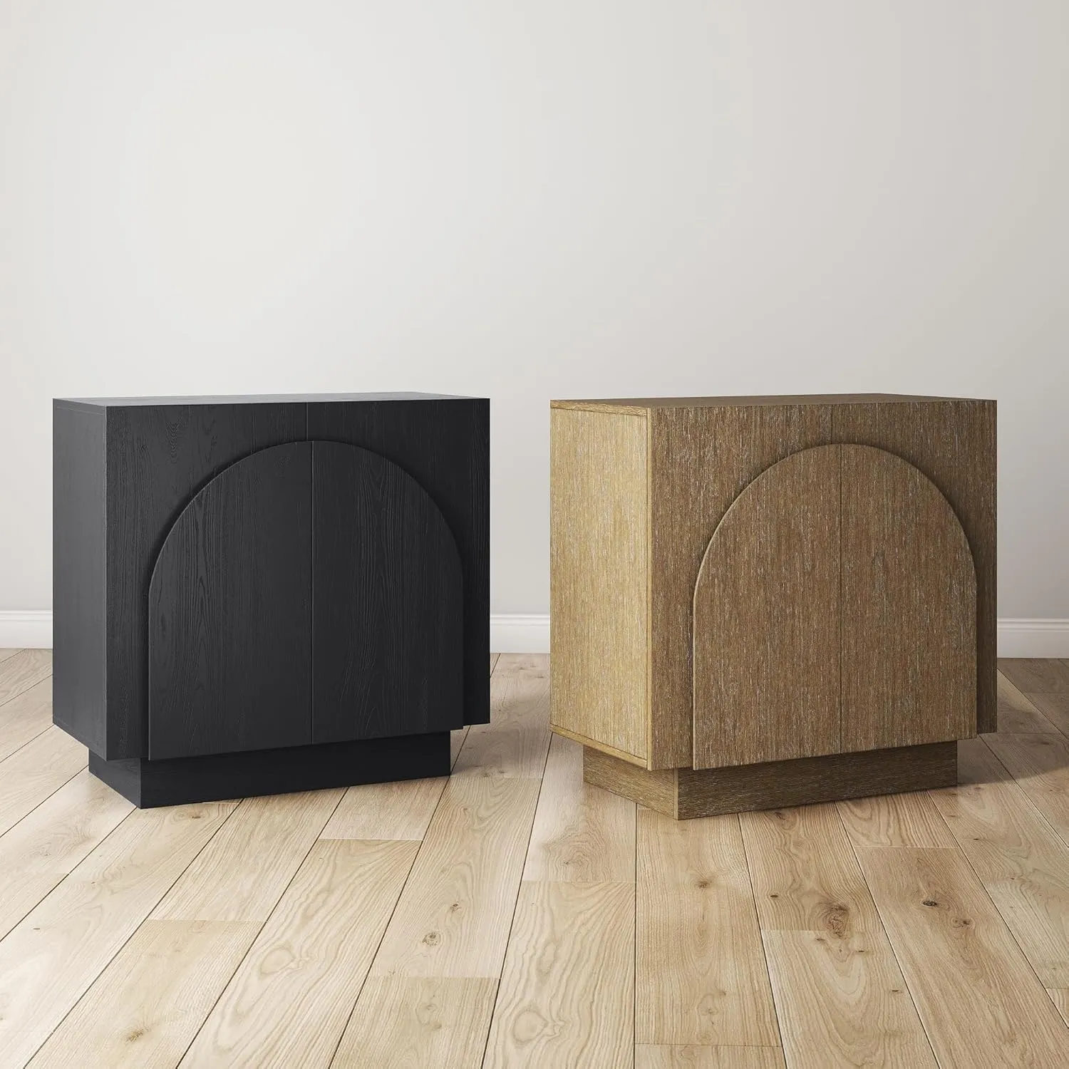 Nathan James Iris Mid-Century Modern Credenza, Black TV Stand, Living Room Wood Storage Cabinet with Arched Cabinet Doors, Black Credenza Cabinet for Kitchen or Living Room, Black Oak, Set of 4