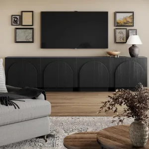 Nathan James Iris Mid-Century Modern Credenza, Black TV Stand, Living Room Wood Storage Cabinet with Arched Cabinet Doors, Black Credenza Cabinet for Kitchen or Living Room, Black Oak, Set of 4
