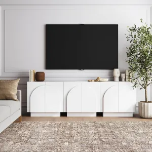 Nathan James Iris Mid-Century Modern Credenza, White TV Stand, Living Room Wood Storage Cabinet with Arched Cabinet Doors, Set of 3