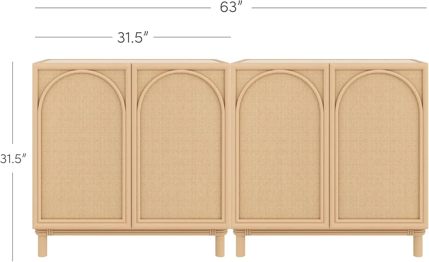 Nathan James Katouche Solid Wood Storage Cabinet or TV Stand with Arched Doors, Rattan Inlays, and Adjustable Interior Shelf, Raw Oak Set of 2