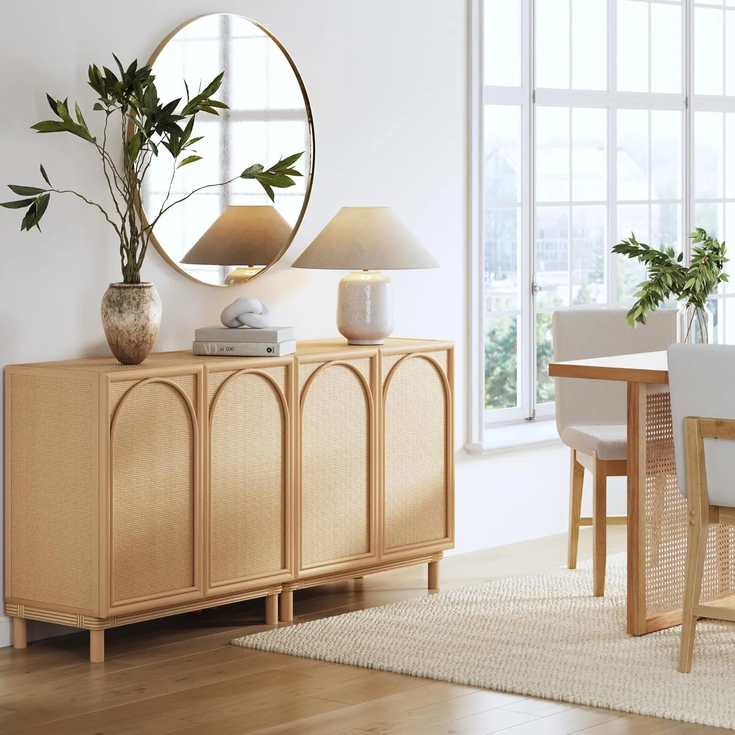 Nathan James Katouche Solid Wood Storage Cabinet or TV Stand with Arched Doors, Rattan Inlays, and Adjustable Interior Shelf, Raw Oak Set of 2