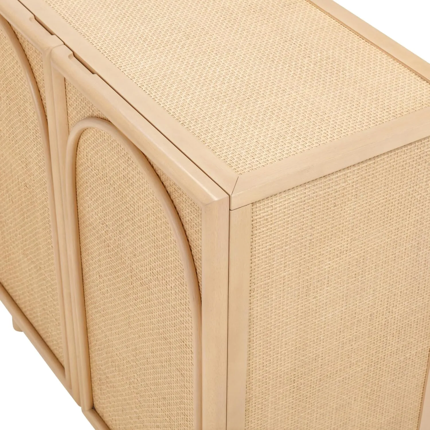 Nathan James Katouche Solid Wood Storage Cabinet or TV Stand with Arched Doors, Rattan Inlays, and Adjustable Interior Shelf, Raw Oak Set of 2