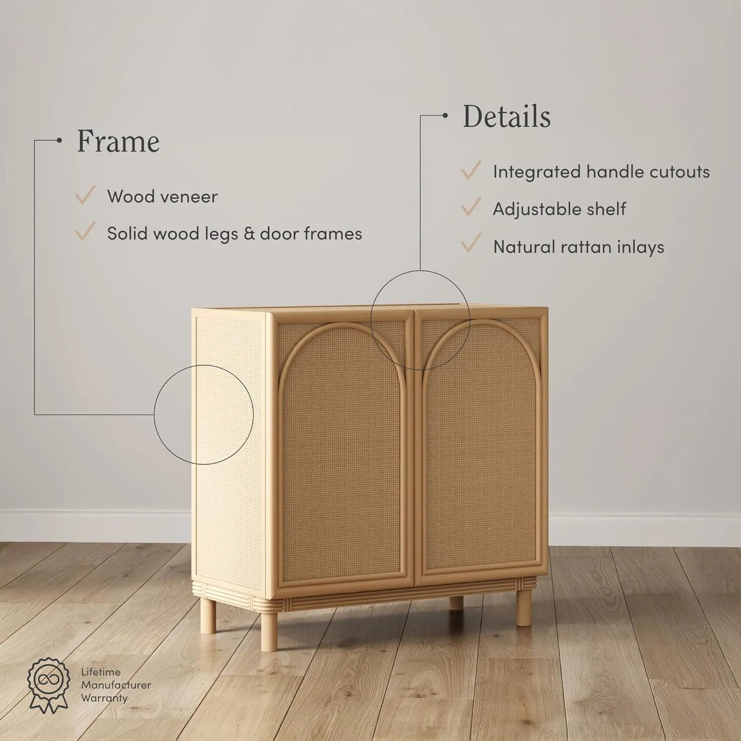 Nathan James Katouche Solid Wood Storage Cabinet or TV Stand with Arched Doors, Rattan Inlays, and Adjustable Interior Shelf, Raw Oak Set of 2