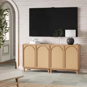 Nathan James Katouche Solid Wood Storage Cabinet or TV Stand with Arched Doors, Rattan Inlays, and Adjustable Interior Shelf, Raw Oak Set of 2