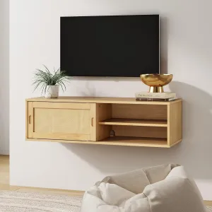 Nathan James Keanu Wall Mounted Floating Media Console, TV Stand Entertainment Bohemian Cabinet with Sliding Cane Door, Natural Brown/Rattan