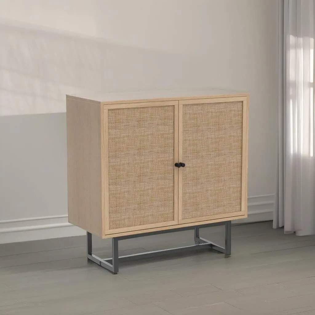 Nathan James Kova Accent Sideboard Storage Cabinet in Light Wood and Rattan with Metal Frame, Adjustable Shelves and Cane Doors, for Hallway, or Living Room, Light Oak/Cane/Black