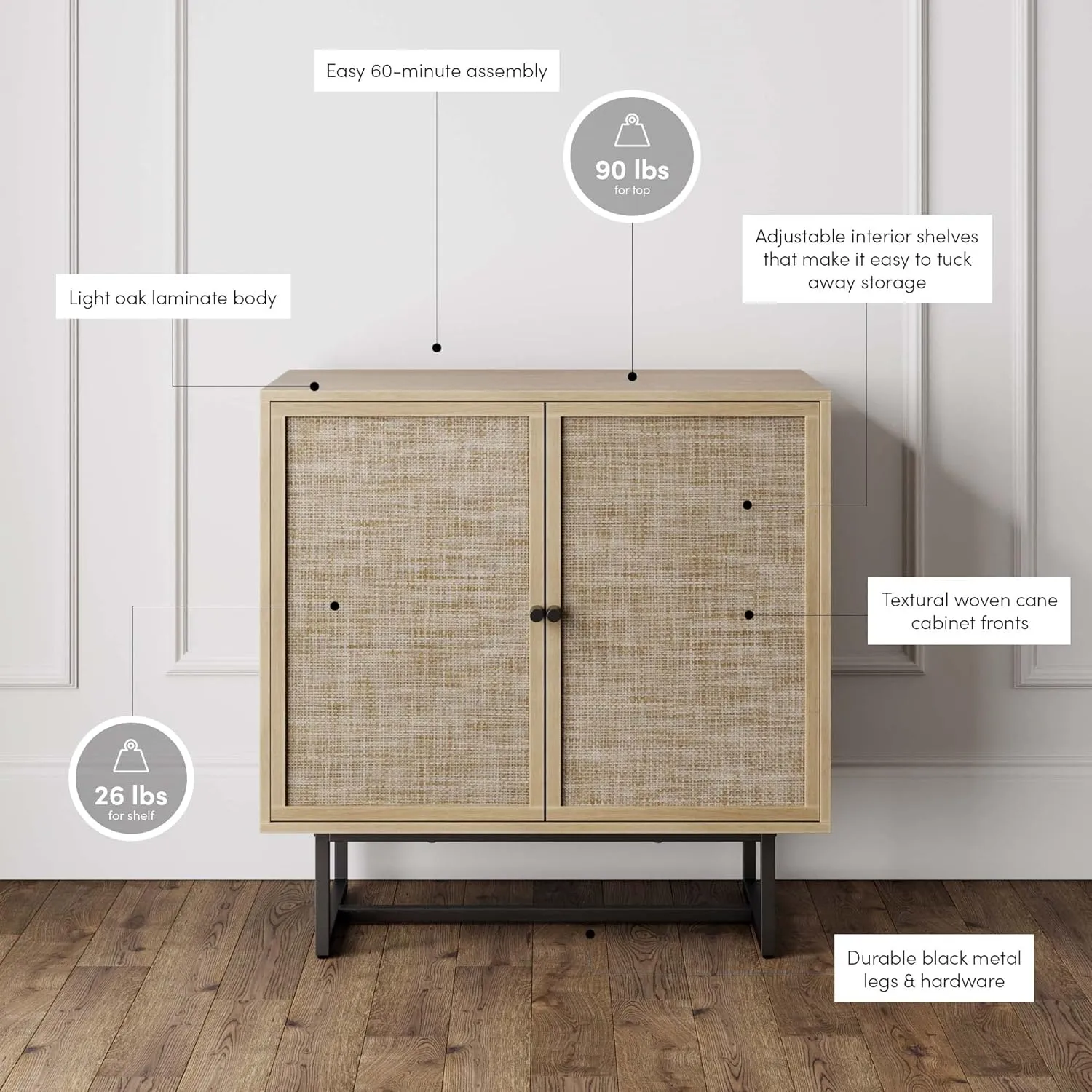 Nathan James Kova Accent Sideboard Storage Cabinet in Light Wood and Rattan with Metal Frame, Adjustable Shelves and Cane Doors, for Hallway, or Living Room, Light Oak/Cane/Black