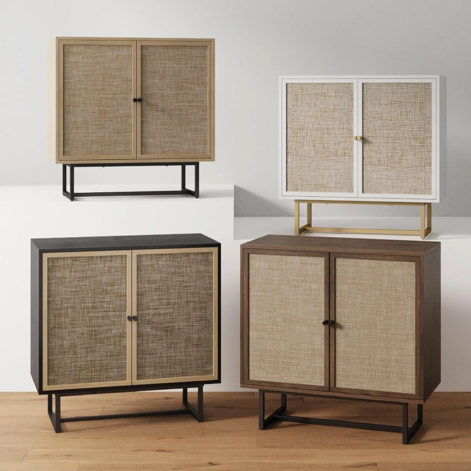 Nathan James Kova Accent Sideboard Storage Cabinet in Light Wood and Rattan with Metal Frame, Adjustable Shelves and Cane Doors, for Hallway, or Living Room, Light Oak/Cane/Black