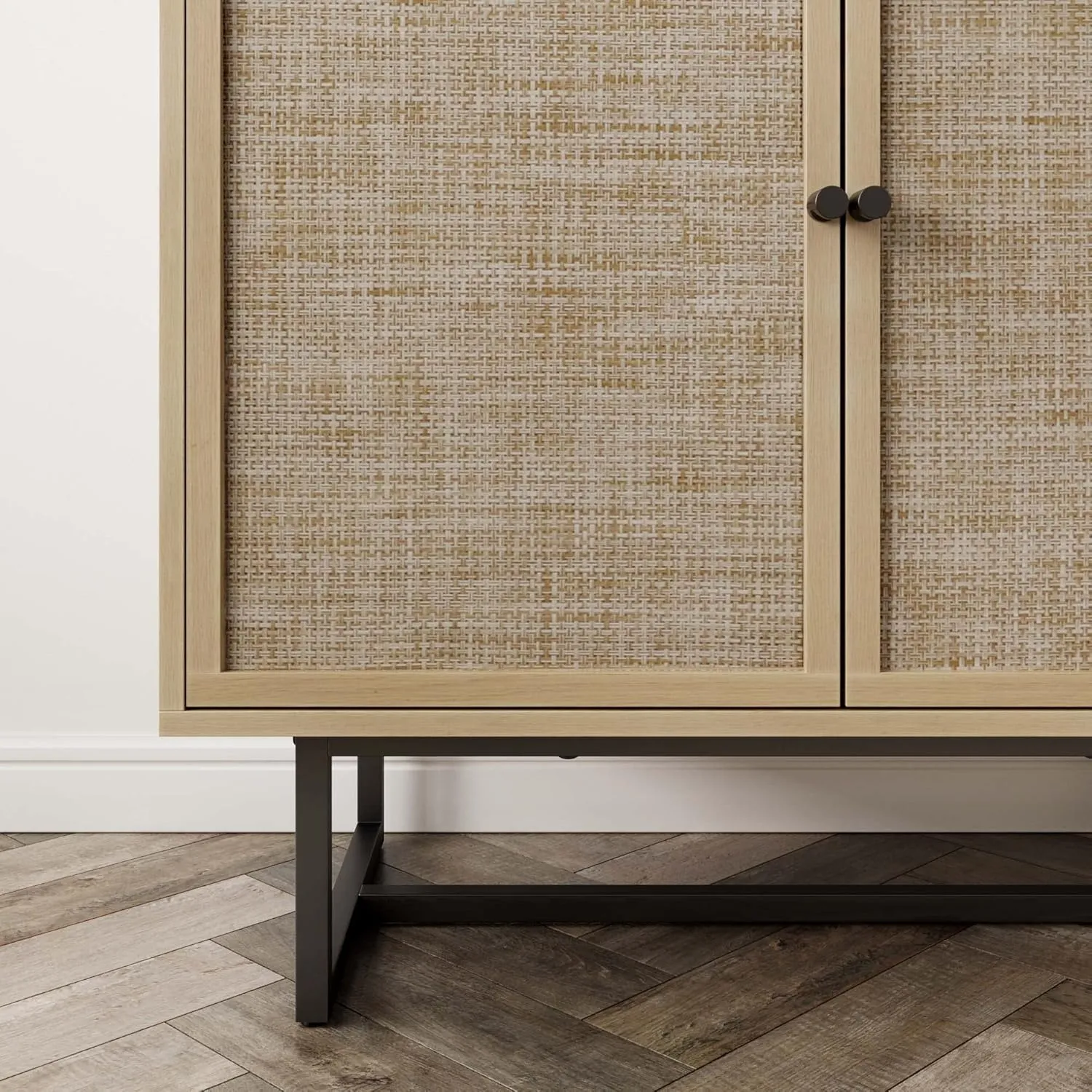Nathan James Kova Accent Sideboard Storage Cabinet in Light Wood and Rattan with Metal Frame, Adjustable Shelves and Cane Doors, for Hallway, or Living Room, Light Oak/Cane/Black