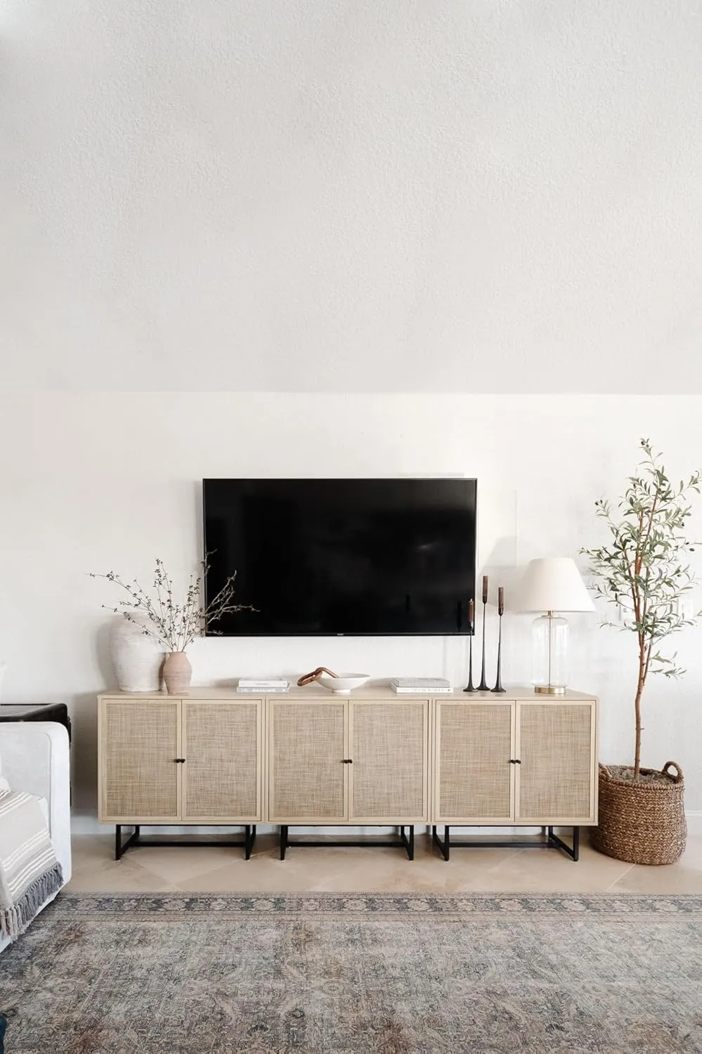 Nathan James Kova Accent Sideboard Storage Cabinet in Light Wood and Rattan with Metal Frame, Adjustable Shelves and Cane Doors, for Hallway, or Living Room, Light Oak/Cane/Black