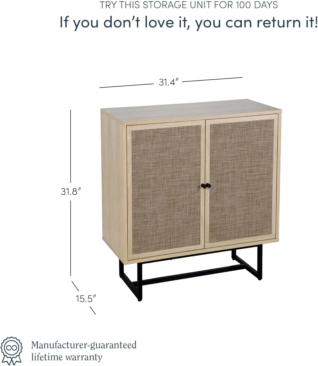 Nathan James Kova Accent Sideboard Storage Cabinet in Light Wood and Rattan with Metal Frame, Adjustable Shelves and Cane Doors, for Hallway, or Living Room, Light Oak/Cane/Black