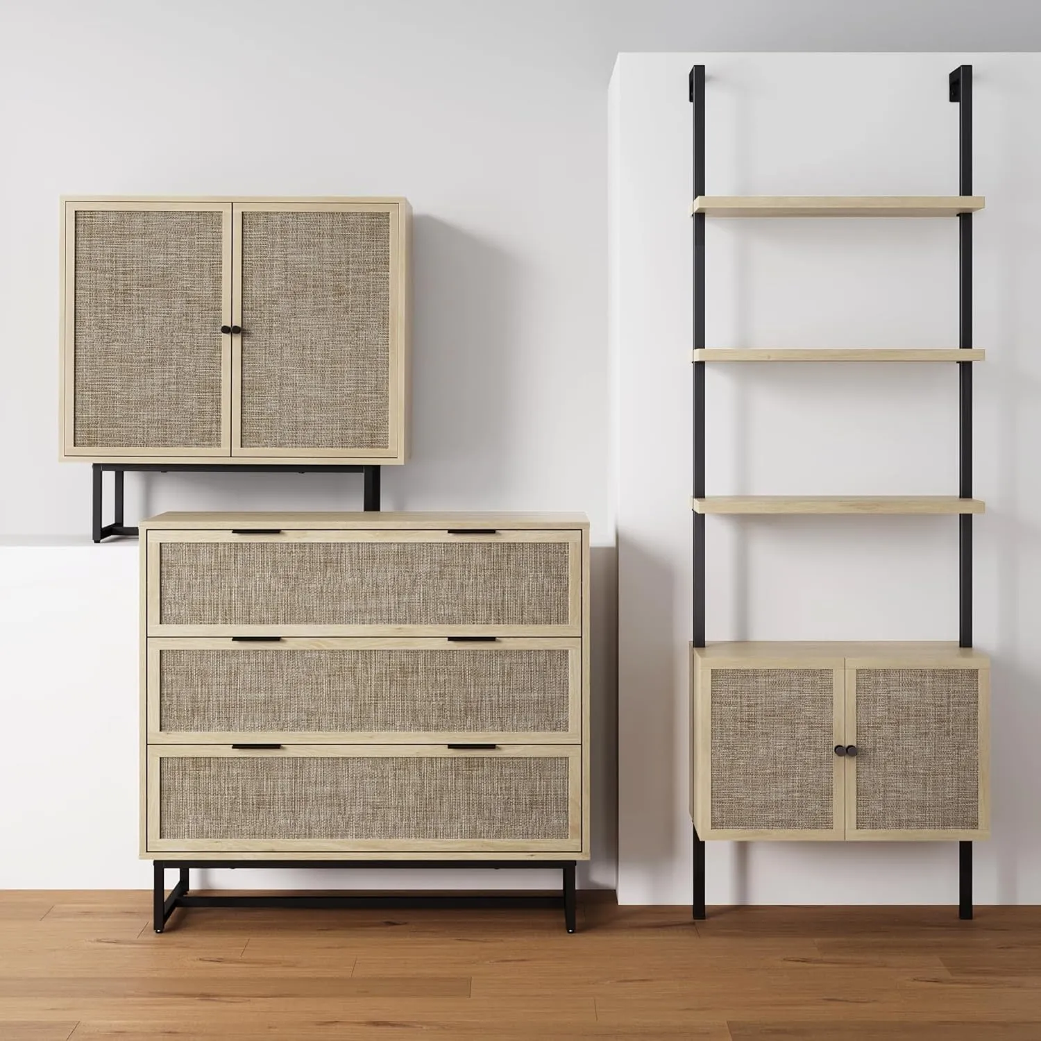 Nathan James Kova Accent Sideboard Storage Cabinet in Light Wood and Rattan with Metal Frame, Adjustable Shelves and Cane Doors, for Hallway, or Living Room, Light Oak/Cane/Black