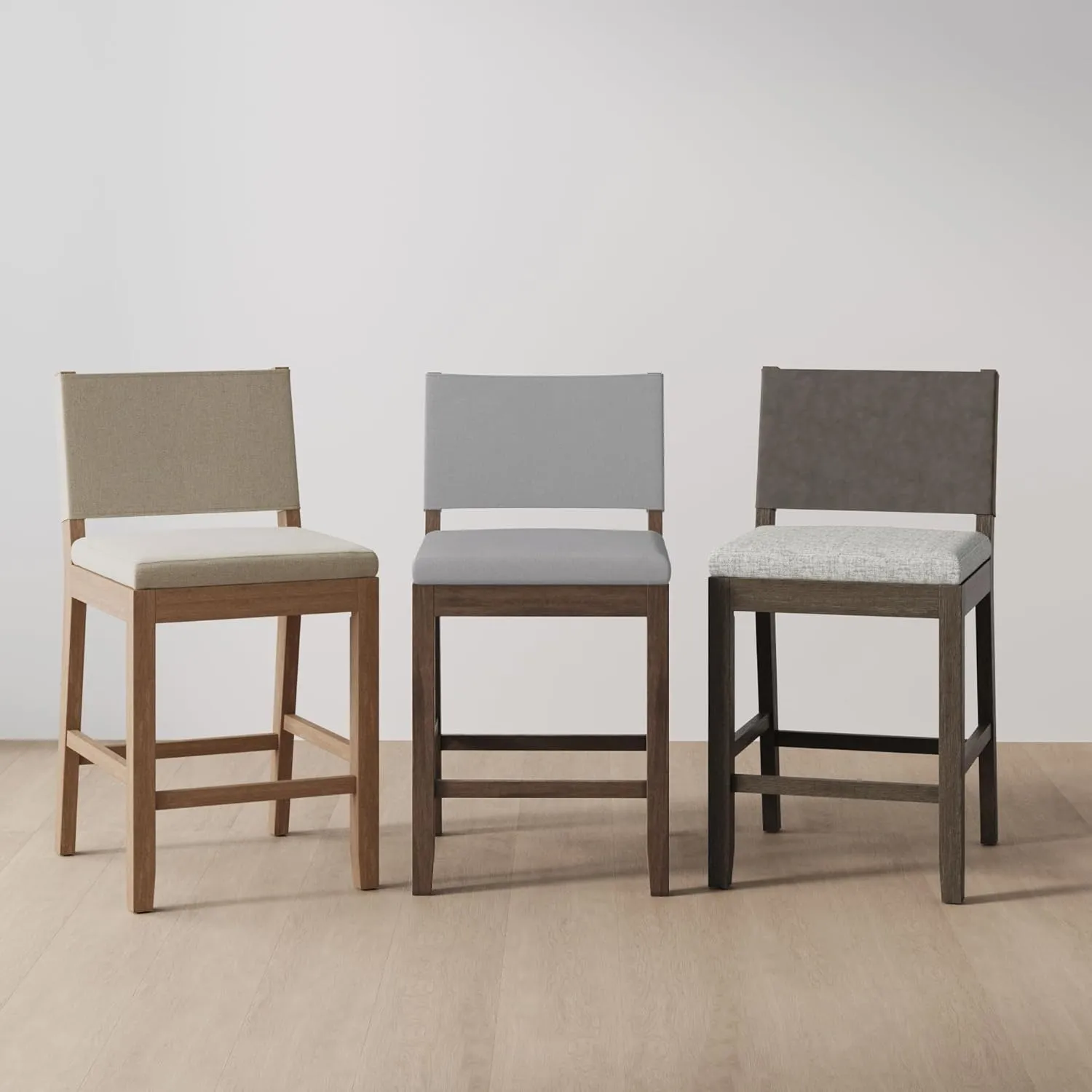 Nathan James Linus Modern Upholstered Counter Height Bar Stool with Back and Solid Rubberwood Legs in a Dark Brown Wood, Natural Light Grey/Brown