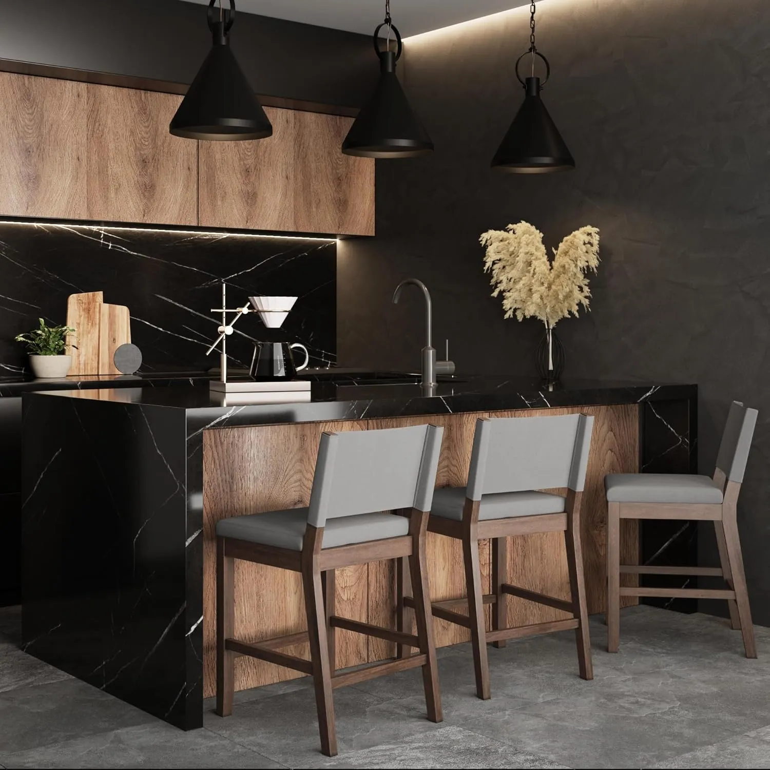 Nathan James Linus Modern Upholstered Counter Height Bar Stool with Back and Solid Rubberwood Legs in a Dark Brown Wood, Natural Light Grey/Brown