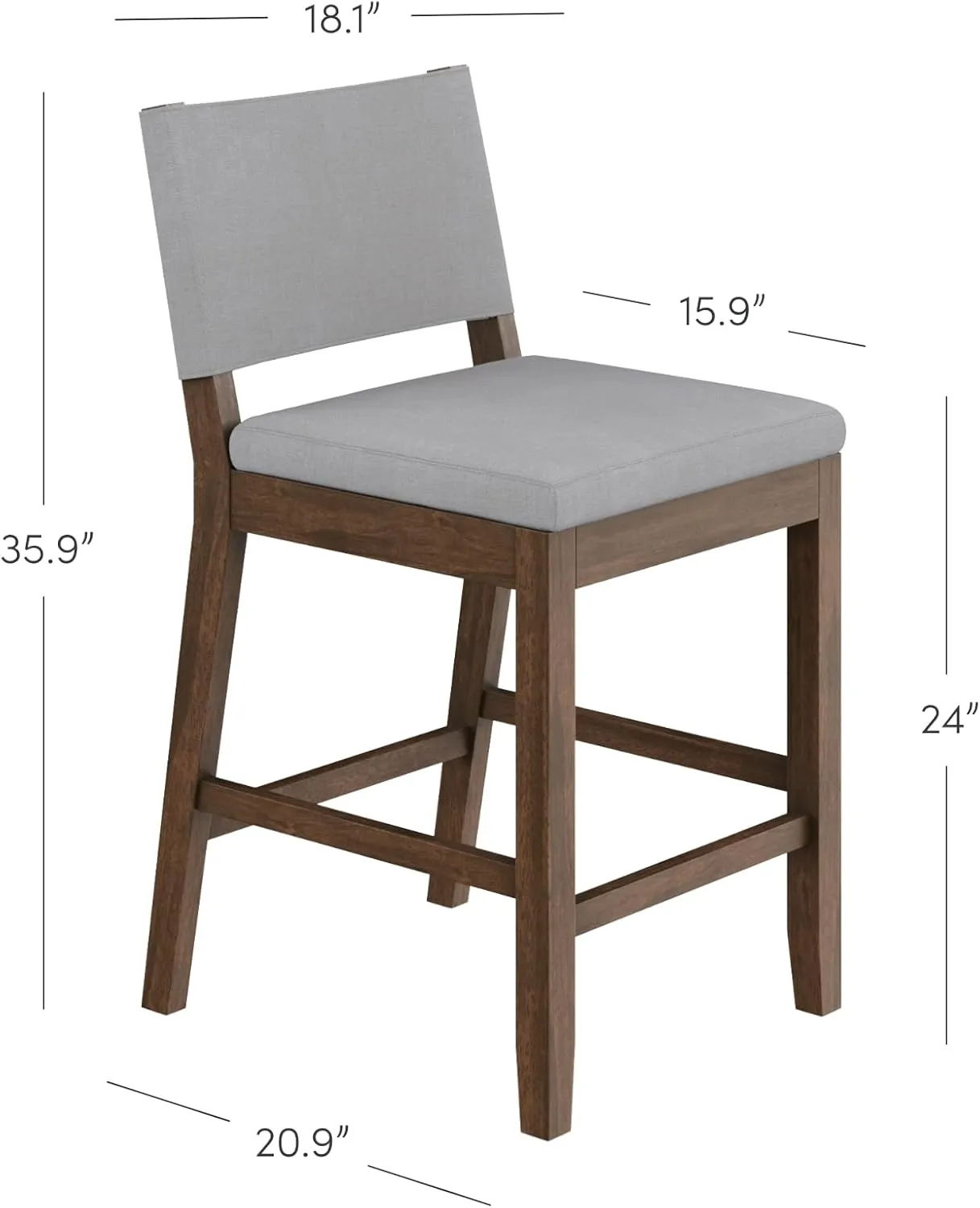Nathan James Linus Modern Upholstered Counter Height Bar Stool with Back and Solid Rubberwood Legs in a Dark Brown Wood, Natural Light Grey/Brown